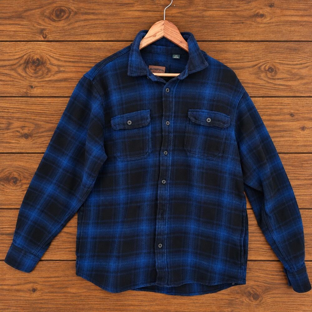 Orvis Men's L Blue Black Plaid Flannel Shirt 100% Cotton Long Sleeve